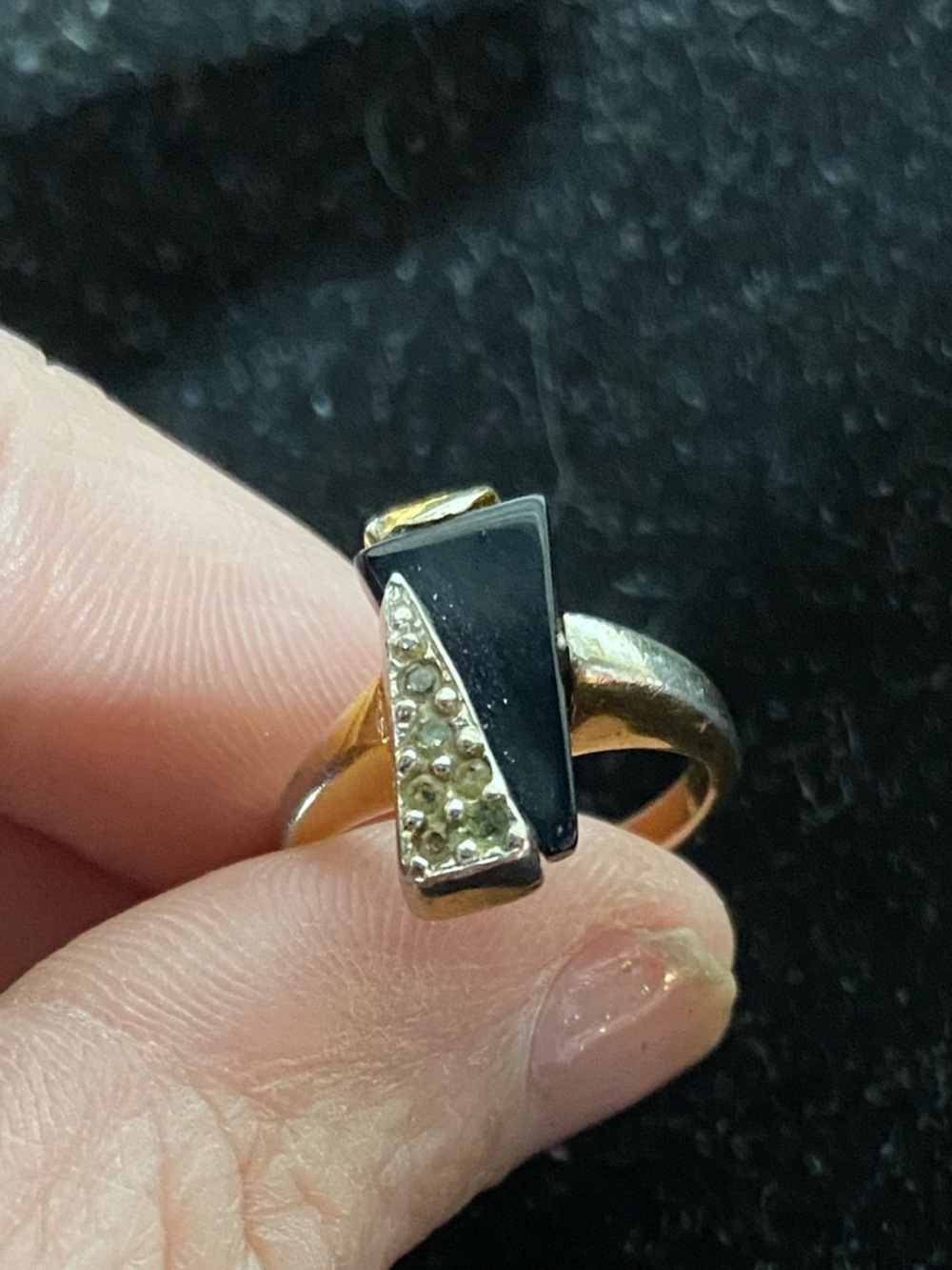 Vintage HGE 18K Gold Plated Black Onyx  Ring with Rhinestones